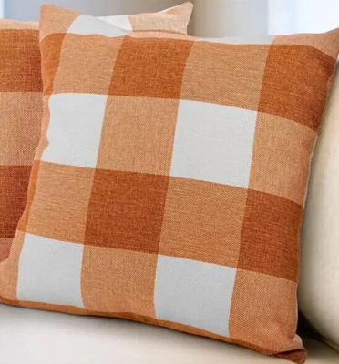 Square Pillow Cover Plaid Orange Ivory 17" Festive Cabincore Cottage COVER ONLY - Image 1 of 4