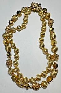 Hattie Carnegie Byzantine Gold tone Etched Rhinestones Beads 2T Vintage Necklace - Picture 1 of 8