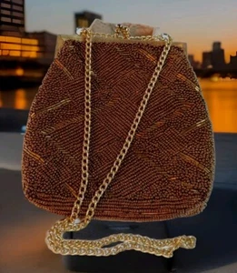 Vintage Walberg Gorgeous Copper Beaded Evening Purse Bag Gold 12" ChainHand Made - Picture 1 of 13