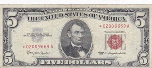 KAPPYSCOINS WC202 1963 $5.00 RED SE4L UNITED STATES STAR NOTE A NICE EF XF - Picture 1 of 2