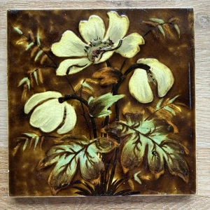 Victorian Antique Fireplace Tile, With Raised Relief Flowers And Foliage - Picture 1 of 3