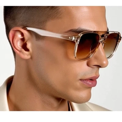 Hombres Gafas de sol Marco Cuadrado Transparente Marrón Lente Tonos Ligeros Lentejas Foto 1 de 4