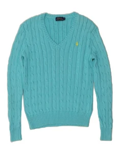 POLO RALPH LAUREN Womens V-Neck Jumper Sweater UK 10 Small Blue Cotton CF14 - Picture 1 of 3
