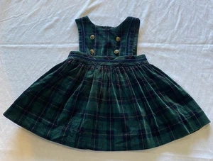 VTG Baby 12M Girl Holiday Christmas Dress Tartan Green Plaid Velvet Sleeveless - Picture 1 of 3