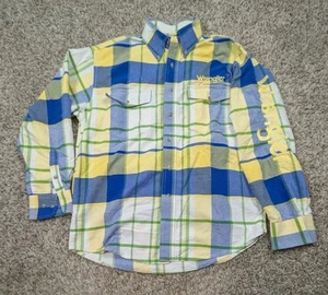 Vintage Wrangler Button Down Shirt Mens Medium Yellow Plaid Sleeve Spellout - Picture 1 of 8