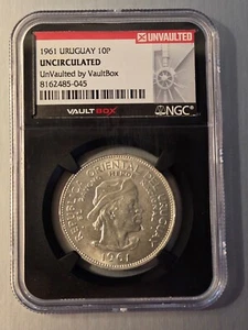 1961 URUGUAY SILVER 10 PESOS NGC UNCIRCULATED COIN - Picture 1 of 2
