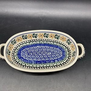 Boleslawiec polnische Keramik 8 Zoll plus Griffe breit oval Bäcker gelb Blumendesign  - Bild 1 von 10