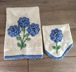 Vintage Fine Fashion Towels Cotton Blue Floral Hand Face Cloth Set - Picture 1 of 4