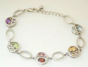 Multi Gemstone Gem Amethyst Garnet Topaz Peridot Sterling Silver Tennis Bracelet - Picture 1 of 5