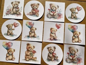 9x Watercolour Teddy Bear Card Toppers Love Valentines Anniversary Birthday - Picture 1 of 2