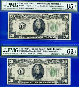 1934/1934A $20 FRN - PMG 65EPQ - Richmond Changeover - Fr 2054-E - Fr 2055-Em - Picture 1 of 2