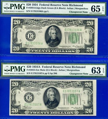 1934/1934A $20 FRN - PMG 65EPQ - Richmond Changeover - Fr 2054-E - Fr 2055-Em - Image 1 of 2