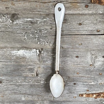 Vintage White Enamelware Spoon Enamel Farmhouse Decor Rustic Long Handle - Image 1 of 4