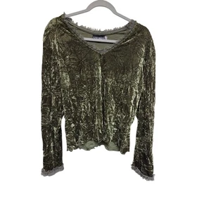 Vintage 90s Sno Skins Crushed Velvet Top Olive Green Long Sleeve V Neck XL - Picture 1 of 6
