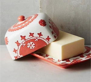 RARE: Anthropologie Gloriosa Covered Butter Dish Orange + White Ceramic - Picture 1 of 9