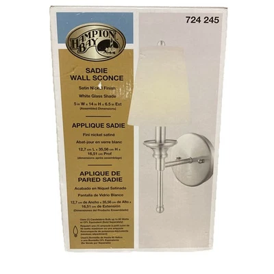 Aplique de pared Hampton Bay Sadie níquel satinado 1 luz pantalla de vidrio blanco 724-245 nuevo Foto 1 de 4