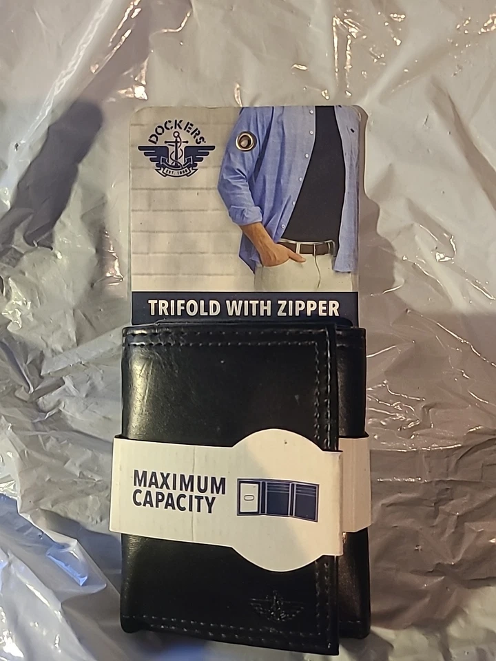 Dockers Mens RFID Coated Leather Trifold Wallet Zipper Closure 6 Card Slot Black - Image 1 of 4