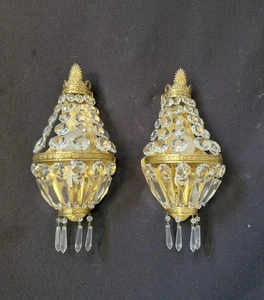 Vintage Antique Pair French Empire Brass Crystal 1 Light Sconces Wall Lights - Picture 1 of 15