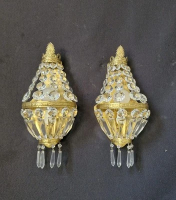 Vintage Antique Pair French Empire Brass Crystal 1 Light Sconces Wall Lights - Image 1 of 4