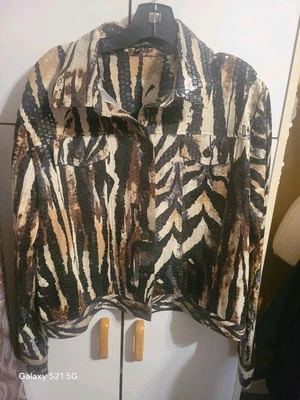 Notations Jacket Womens Large Clear Sequin Shimmer Animal Print Artsy Button Up - Image 1 of 3