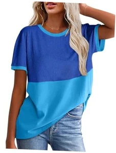Womens Casual Crew Neck Ribbed Tops Short Sleeve T Shirts Summer Loose Blouses - Picture 1 of 6