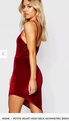 BNWT BOOHOO PETITE VELVET HIGH NECK ASYMMETRIC BODYCON DRESS SIZE 14 BURGUNDY - Image 1 of 4