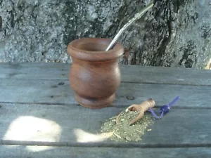 Mate Argentino traditionelle Algarrobo Holztasse + Stroh + BONUS Löffel Yerba Mate - Bild 1 von 3