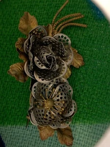 Vintage Czechoslovakian Gold Silver Tone Plated Metal Brooch Pin Free Ship - Picture 1 of 9
