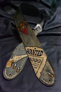 Leather guitar strap custom tooled hand made "Outlaw Series 20 " buckle style - Picture 1 of 10
