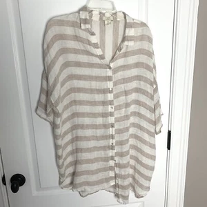 St. Tropez Shirt Women M Oversized Neutral Striped 100% Linen Button Top Cool - Picture 1 of 6