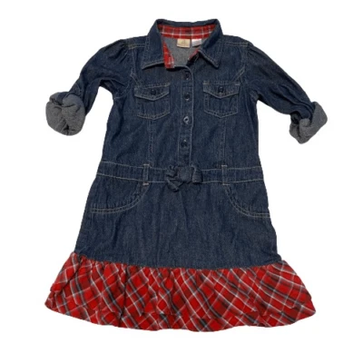 Route 66 Sz 5T Little Girls Blue Jean Denim Dress w/ Dark Pink & Red Plaid Trim - Image 1 of 4