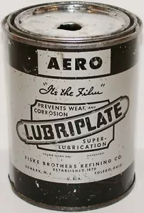 Lata de metal vintage AERO LUBRIPLATE Fiske Brothers refinación Newark NJ Toledo OH - Imagen 1 de 3