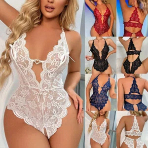 Women Sexy Lace Sleeveless Bodysuit Boho Crotchless Lingerie Babydoll Sleepwear - Picture 1 of 18
