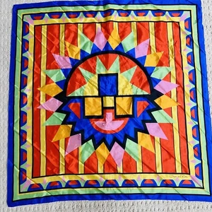 Oscar de la Renta Silk Scarf Gem Tone Mod Op Art to Wear Blue Yellow Pink Orange - Picture 1 of 6