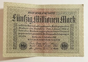 GERMANY 1923 : Reichsbanknote - 50 Million Mark, 1 September 1923. Serial 035297 - Imagen 1 de 1