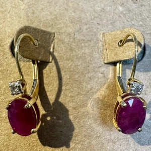 Vintage 14k Yellow Gold Natural Ruby & Diamond Drop Lever Back Earrings 1.3g - Picture 1 of 9