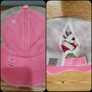 C.C Women's Denim Criss Cross Elastic Band Mesh Ponytail Cap**Coral & Tan**NEW** - Picture 1 of 4