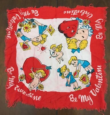 VINTAGE RED CUPIDS BOW SHOTS MAN WOMAN RED PINK VALENTINE  HANDKERCHIEF HANKIE - Image 1 of 4