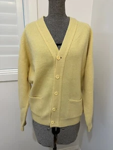 Vintage 80s 90s Arnold Ross Pastel Yellow Pure New Wool Cardigan Jumper L 12 - Picture 1 of 11