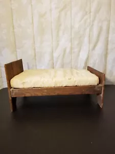 Antique Primitive Farmhouse Folk Art Hand Made Wood Doll Bed And Mattress - Picture 1 of 13