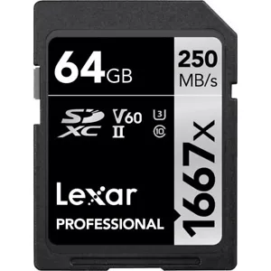 Lexar 64GB Professional 1667x UHS-II V60 U3 SDXC Memory Card for Full-HD, 3D, 4K - Picture 1 of 3