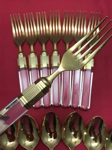 16 Pcs Mikasa Laslo Prisma Clear Handle Gold Accent Stainless FORKS & SPOONS - Picture 1 of 6