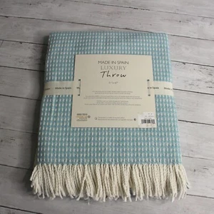Made in Spain Throw Blanket Blue Cream with Fringe Cotton Blend - Picture 1 of 5