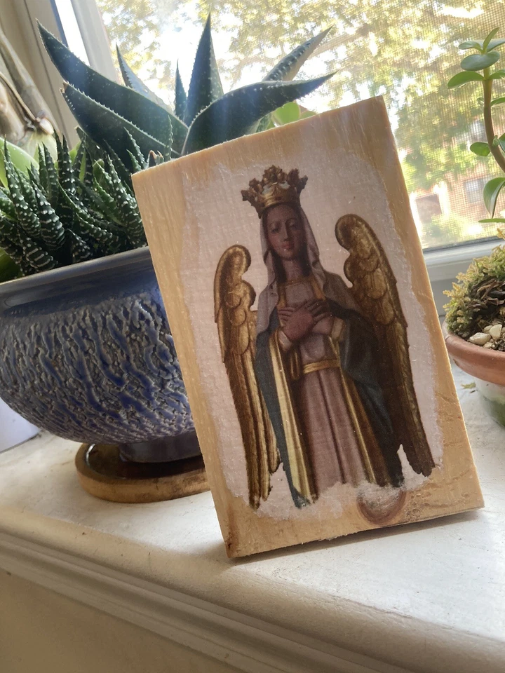 Queen Of Angels: Wood Plaques (12” X 8”) with Stained Image Of Saint - Image 1 of 1