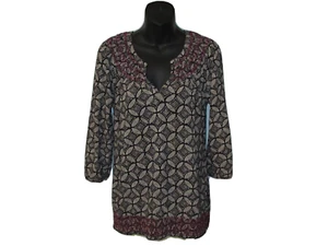 Size M Lucky Brand Blouse Pullover Top Geometric Shirt Boho Peasant 3/4 Sleeve - Picture 1 of 9