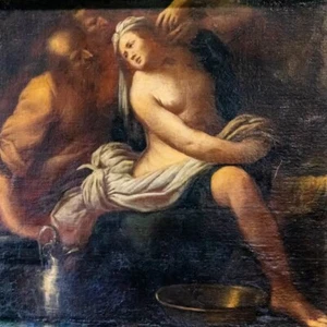 QUADRO OLIO SU TELA - "SUSANNA E I VECCHIONI" 88 x 118 - Foto 1 di 1