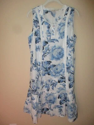 Camisón Vestido de Salón Soft Surroundings Azul Blanco Floral Algodón Sin Mangas M Foto 1 de 4