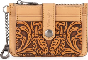 Tarjetero Montana West & Wrangler de cuero genuino para mujer, RFID, doble pliegue, tostado - Imagen 1 de 10