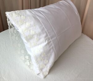 New White Embroidered Lace 100% Cotton PillowCase Standard Queen King Sham W6#