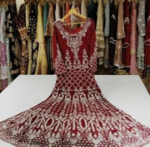 Pakistani Indian women Heavy Designer Maxi Anarkali Dress part dress red - Picture 1 of 10